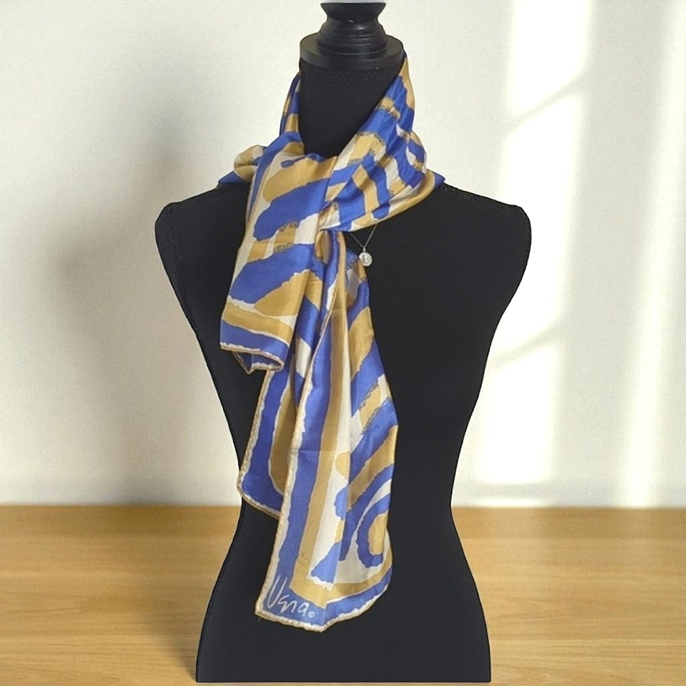 Vera Long Silk Scarf Abstract Design Blue Gold White Quiet Luxury Designer - Picture 2 of 13